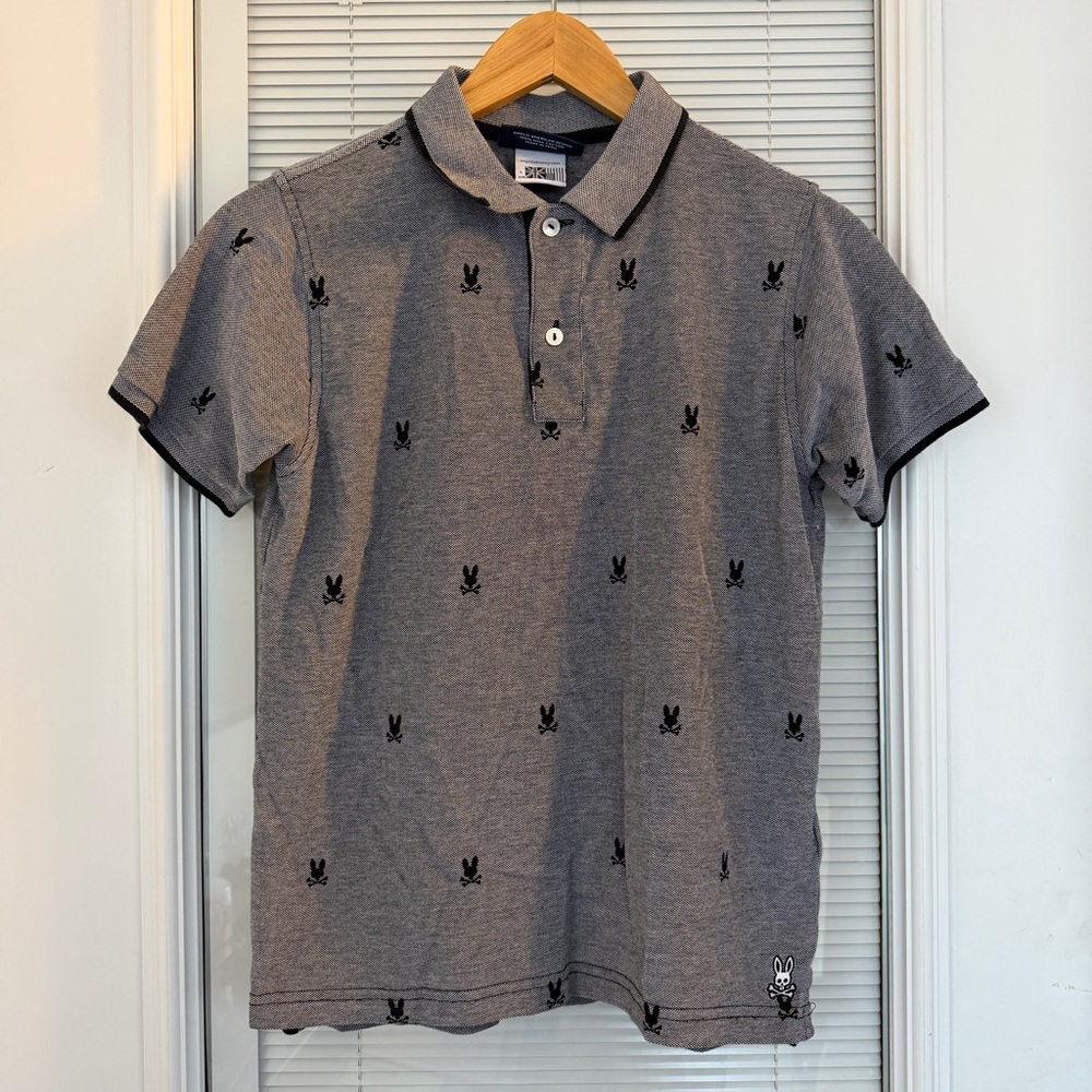 Psycho Bunny Shirt Boys Youth L 14/16 Polo Gray with Navy Logo/Trim Pima Cotton